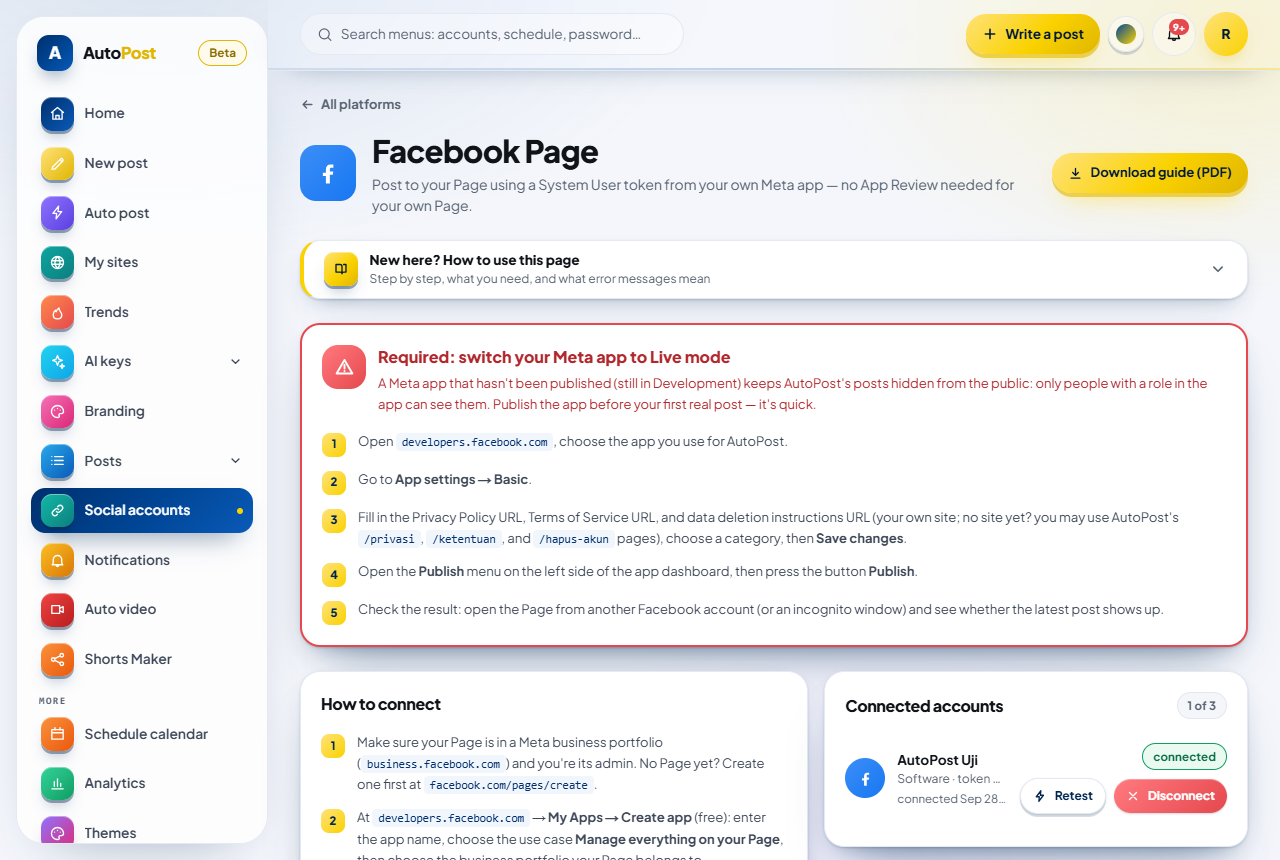 The Facebook Page page in AutoPost (wide screen): the header with the guide button, the "New here?" box, the red box "Required: switch your Meta app to Live mode" with five steps, then the How to connect card on the left and the Connected accounts card on the right.