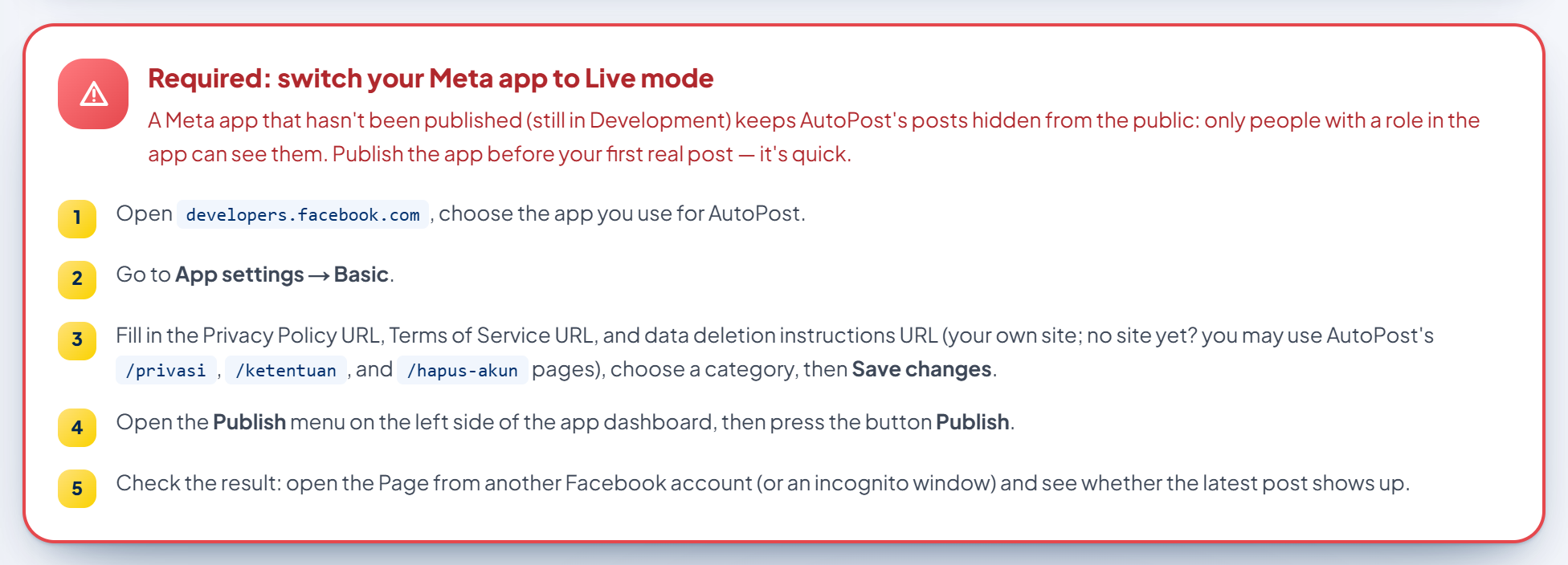 The red box on AutoPost's Facebook Page page: "Required: switch your Meta app to Live mode" with its five steps (App settings → Basic, fill in the URLs, Publish, check the result).