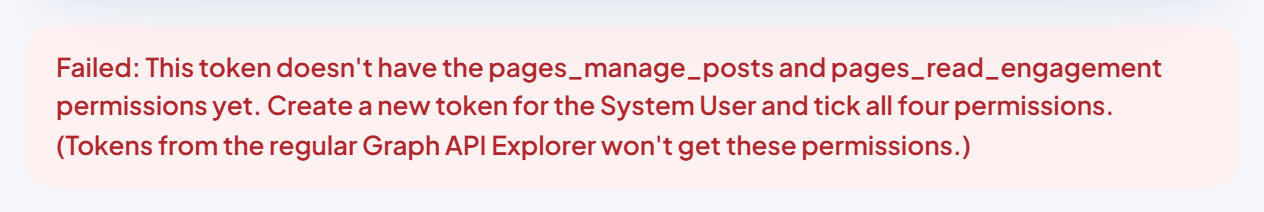 Red box: "Failed: This token doesn't have the pages_manage_posts and pages_read_engagement permissions yet. Create a new token for the System User and tick all four permissions. (Tokens from the regular Graph API Explorer won't get these permissions.)"