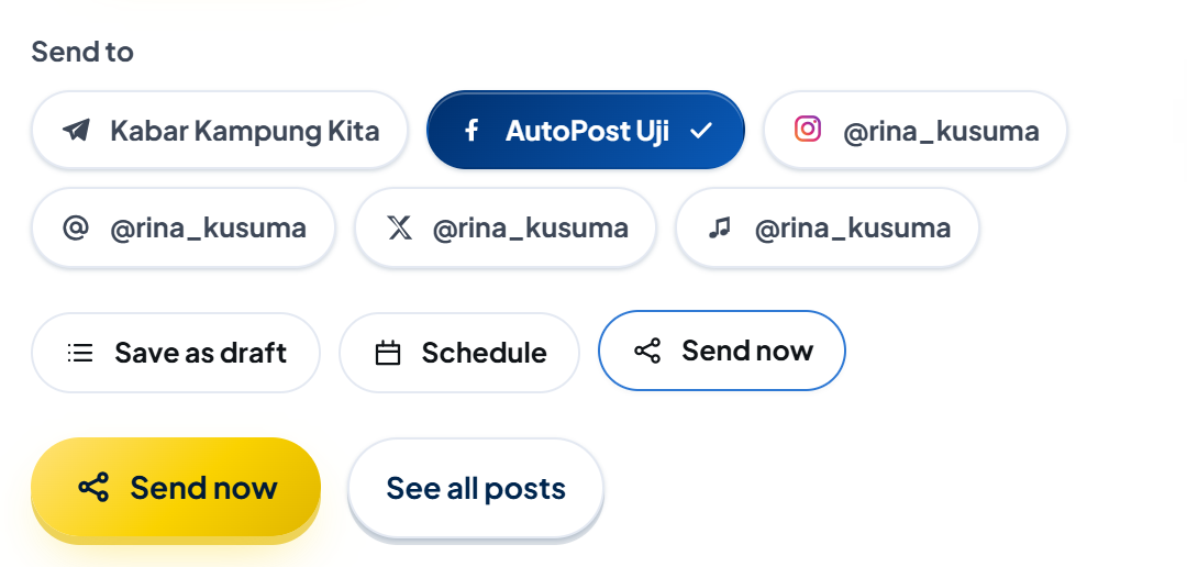 The Send to section in New post: the Facebook account "AutoPost Uji" selected (blue with a check mark), the other accounts (Telegram, Instagram, Threads, X, TikTok) not selected; the "Send now" option active and the gold "Send now" button.