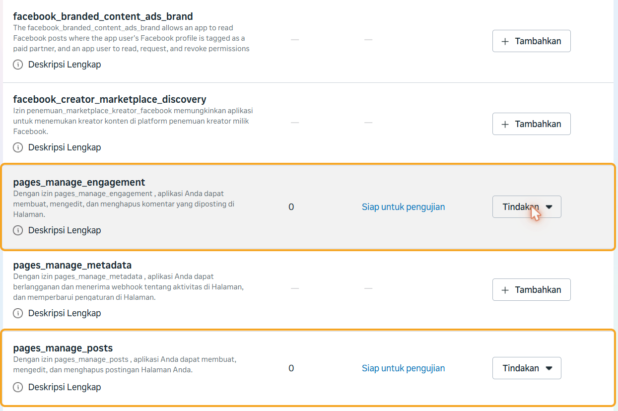 Daftar izin di kasus penggunaan: baris pages_manage_engagement dan pages_manage_posts bertanda "Siap untuk pengujian" (disorot), sedangkan facebook_branded_content_ads_brand, facebook_creator_marketplace_discovery, dan pages_manage_metadata masih bertombol "+ Tambahkan".