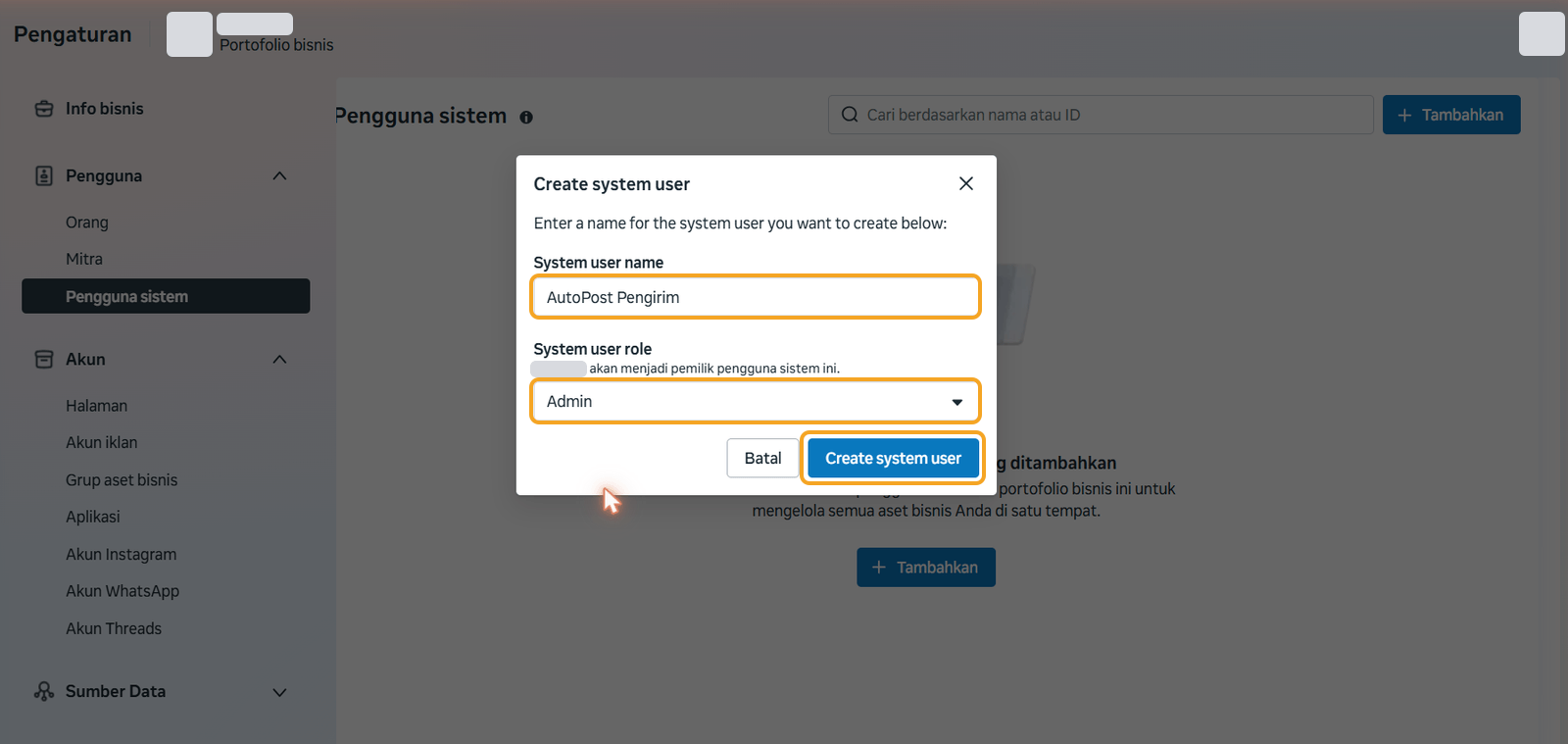 Business Suite › Pengaturan › Pengguna sistem, dengan jendela berbahasa Inggris "Create system user": isian System user name berisi "AutoPost Pengirim", pilihan peran Admin, dan tombol "Create system user" — ketiganya disorot. Nama portofolio dan foto profil disamarkan.