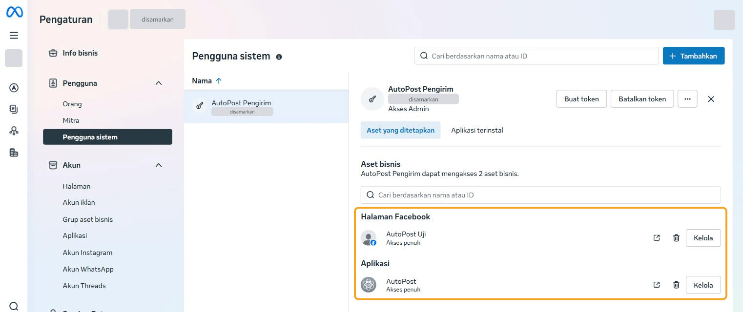 Tab Aset yang ditetapkan milik AutoPost Pengirim: "AutoPost Pengirim dapat mengakses 2 aset bisnis." — Halaman Facebook "AutoPost Uji" (Akses penuh) dan Aplikasi "AutoPost" (Akses penuh), disorot bersama. ID pengguna sistem, nama portofolio, dan foto profil disamarkan.