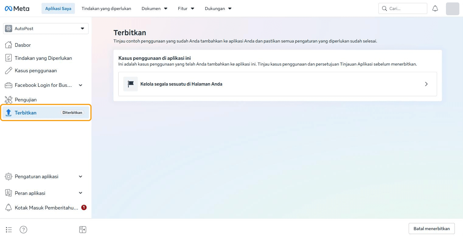 Halaman Terbitkan setelah app diterbitkan: menu Terbitkan bertanda "Diterbitkan" (disorot), kartu "Kasus penggunaan di aplikasi ini" berisi "Kelola segala sesuatu di Halaman Anda", dan tombol "Batal menerbitkan" di kanan bawah.
