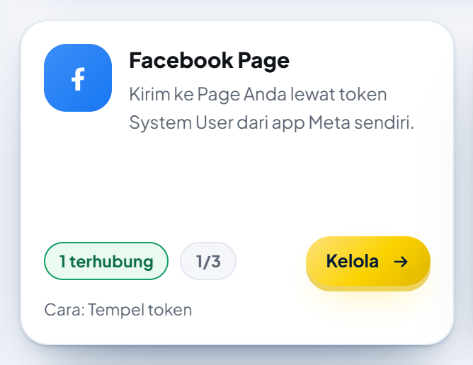 Kartu Facebook Page di menu Akun sosial AutoPost: keterangan "Kirim ke Page Anda lewat token System User dari app Meta sendiri." dan tombol untuk membuka halamannya.