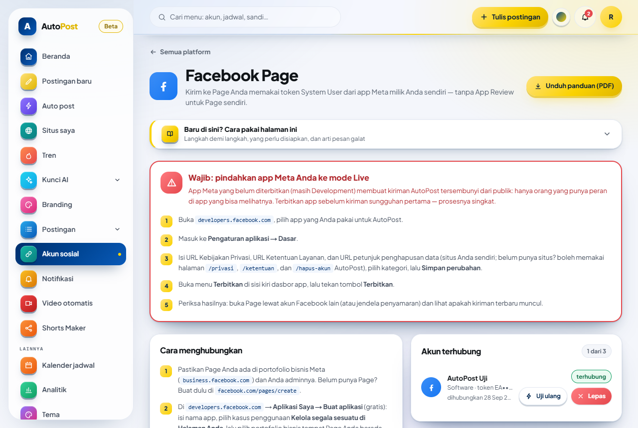Halaman Facebook Page di AutoPost (layar lebar): kepala dengan tombol panduan, kotak "Baru di sini?", kotak merah "Wajib: pindahkan app Meta Anda ke mode Live" berisi lima langkah, lalu kartu Cara menghubungkan di kiri dan kartu Akun terhubung di kanan.
