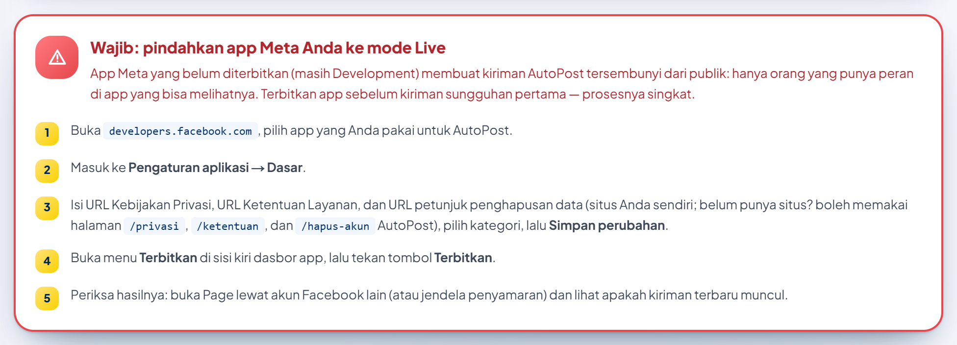 Kotak merah di halaman Facebook Page AutoPost: "Wajib: pindahkan app Meta Anda ke mode Live" beserta lima langkahnya (Pengaturan aplikasi → Dasar, isi URL, Terbitkan, periksa hasilnya).