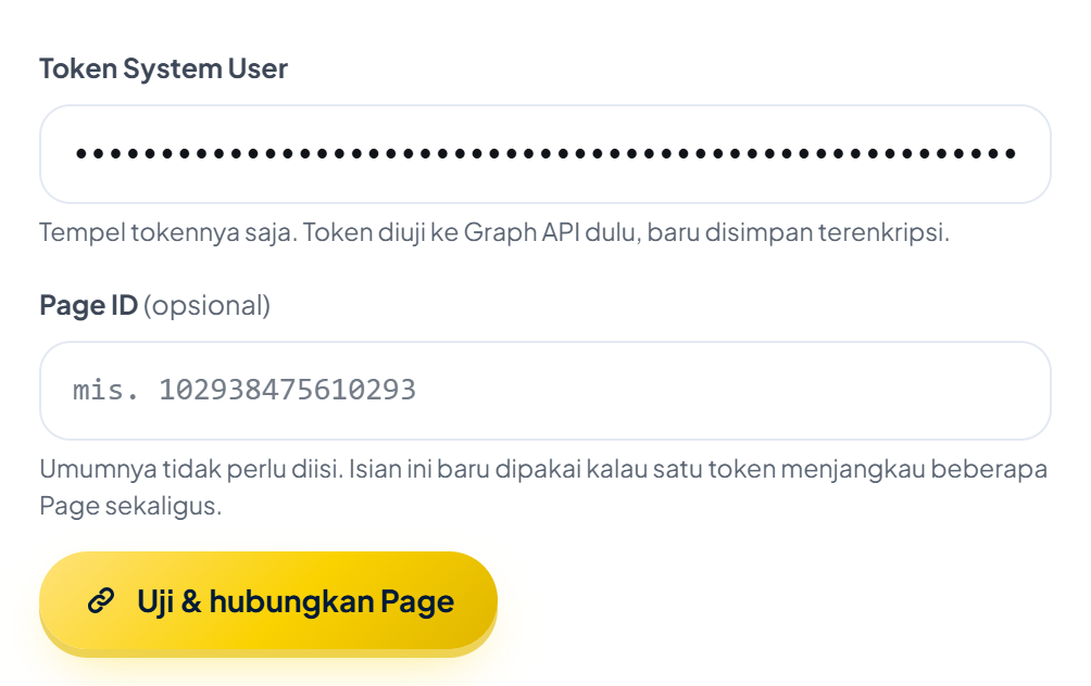 Formulir di halaman Facebook Page: kolom Token System User sudah terisi (tampil sebagai titik-titik), kolom Page ID (opsional) kosong dengan contoh "mis. 102938475610293", dan tombol emas "Uji & hubungkan Page".
