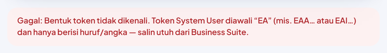 Kotak merah: "Gagal: Bentuk token tidak dikenali. Token System User diawali “EA” (mis. EAA… atau EAI…) dan hanya berisi huruf/angka — salin utuh dari Business Suite."