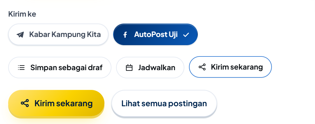 Bagian Kirim ke di Postingan baru: akun Facebook "AutoPost Uji" terpilih (biru dengan centang), akun Telegram lain tidak terpilih; pilihan "Kirim sekarang" aktif dan tombol emas "Kirim sekarang".