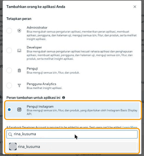 The window for adding people to your app (Meta dashboard in Indonesian): the "Instagram Tester" option in the additional roles section selected, and the username field with the account suggestion below it — both highlighted. The Administrator, Developer, Tester, and Analytics User options are not selected.
