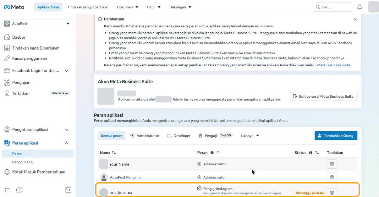 The App roles list (Meta dashboard in Indonesian): the row of your Instagram account with the "Instagram Tester" role and a pending status (waiting for approval), highlighted. The business portfolio name is masked.