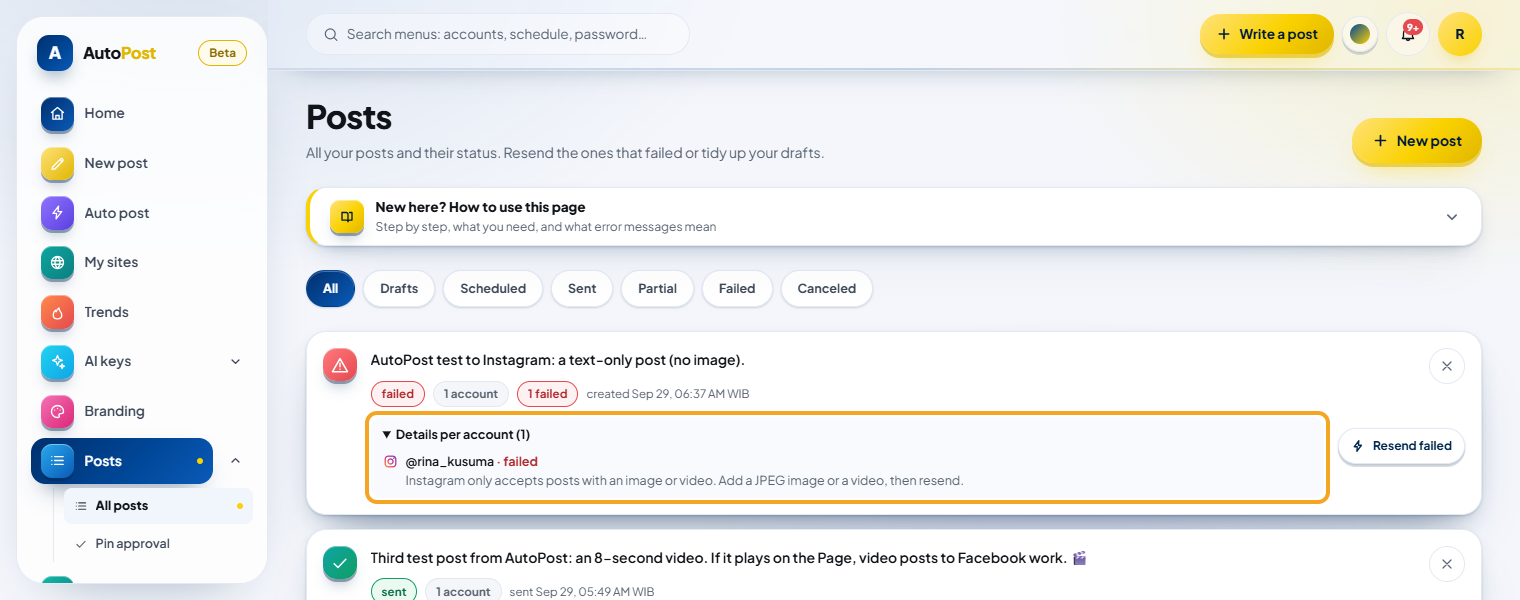 The Posts menu: a text-only post card with the status "failed", with Details per account (1) highlighted: Instagram account · failed — "Instagram only accepts posts with an image or video. Add a JPEG image or a video, then resend." On the right is the "Resend failed" button.