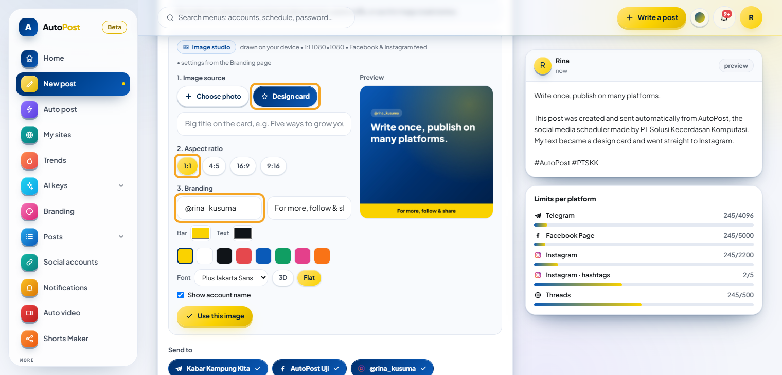 Image studio in New post: the "Design card" button, the "1:1" ratio, and the account name field in the Branding section are highlighted; on the right, a preview of a blue design card with a yellow bar at the bottom.