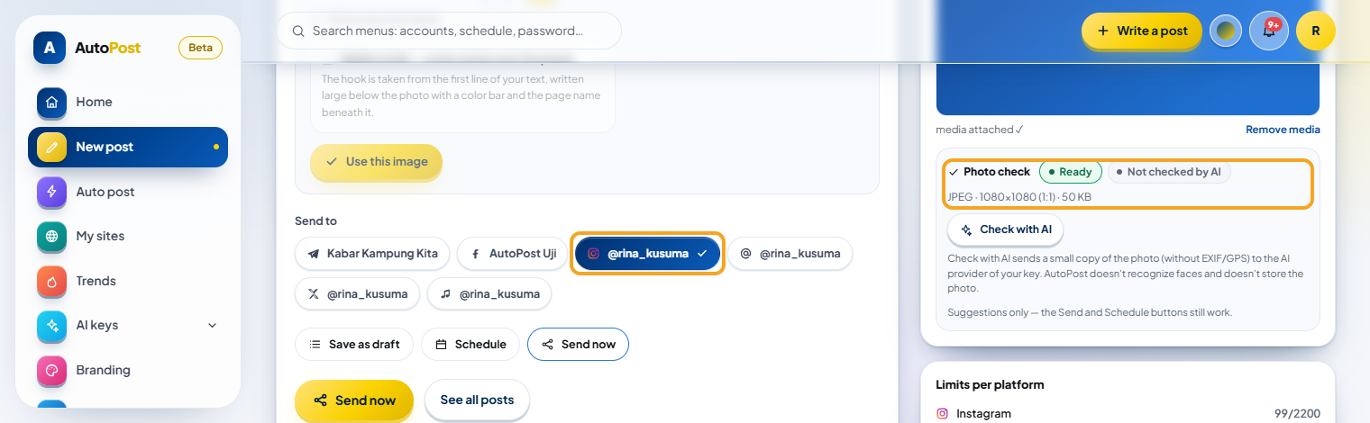 New post with a photo from the gallery: the Photo check card labeled "Ready" with the line "JPEG · 1080×1080 (1:1) · 50 KB" and the Instagram account button selected under Send to — both highlighted.