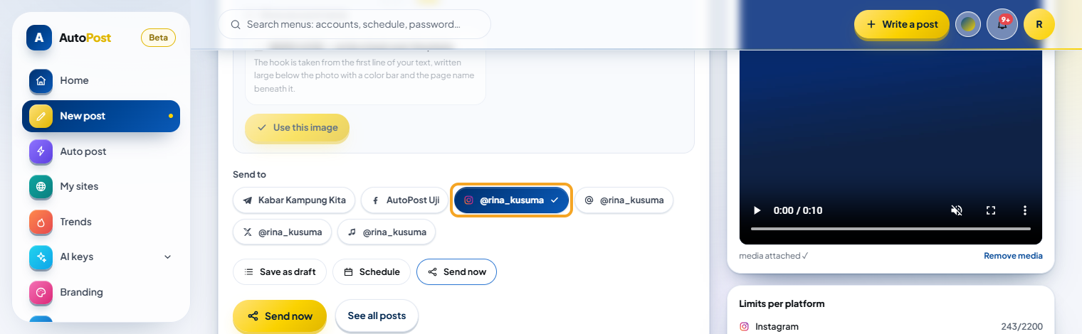 New post with a video: the 0:10 video preview on the right and the Instagram account button selected under Send to — both highlighted.