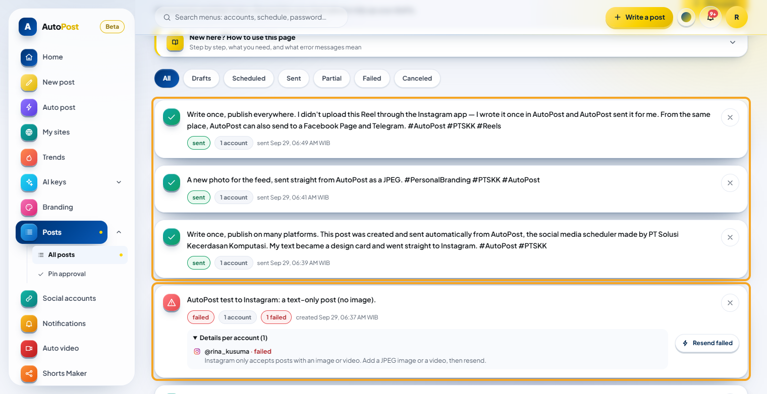 The Posts menu: three cards with the status "sent" (Reels, photo, and design card; 1 account each) highlighted together; below them, in a separate highlight, one card with the status "failed" (a text-only post, from before the composer was updated) with Details per account and the "Resend failed" button.