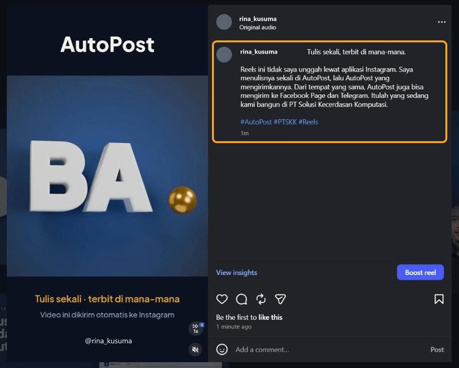The Reels opened on instagram.com: the full caption from AutoPost (written in Indonesian) with the hashtags #AutoPost #PTSKK #Reels highlighted.