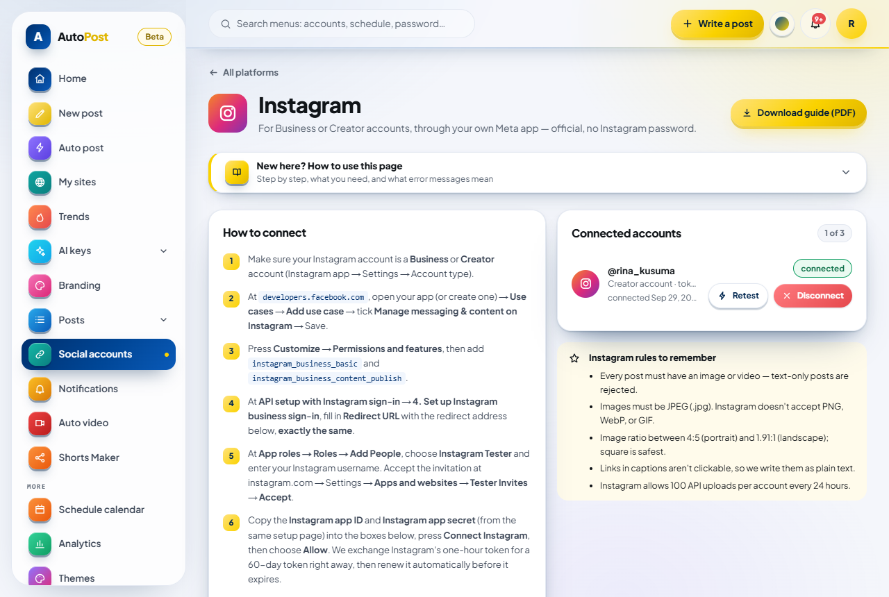 The Instagram page in AutoPost: the page header with the gold guide download button on the right, the "New here? How to use this page" box, the "How to connect" card with numbered steps, and the "Connected accounts" and "Instagram rules to remember" cards on the right.