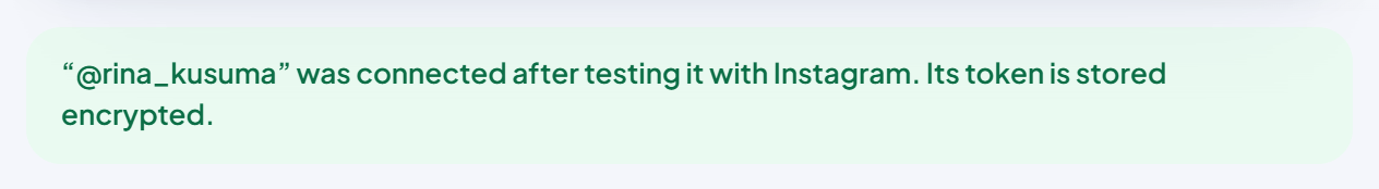 The green box at the top of AutoPost's Instagram page: “@rina_kusuma” was connected after testing it with Instagram. Its token is stored encrypted.