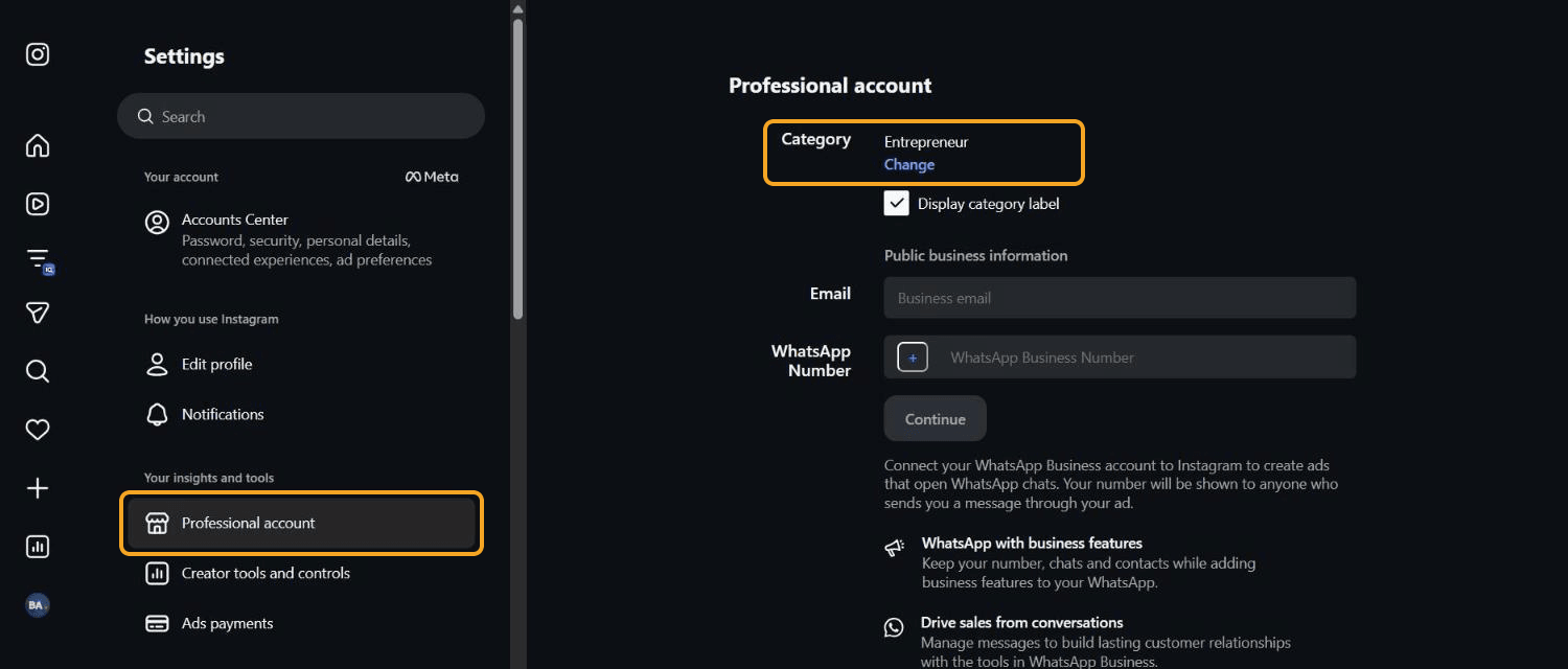 Pengaturan instagram.com (berbahasa Inggris): menu Professional account di kiri dan baris Category "Entrepreneur" dengan tautan Change di kanan — keduanya disorot.