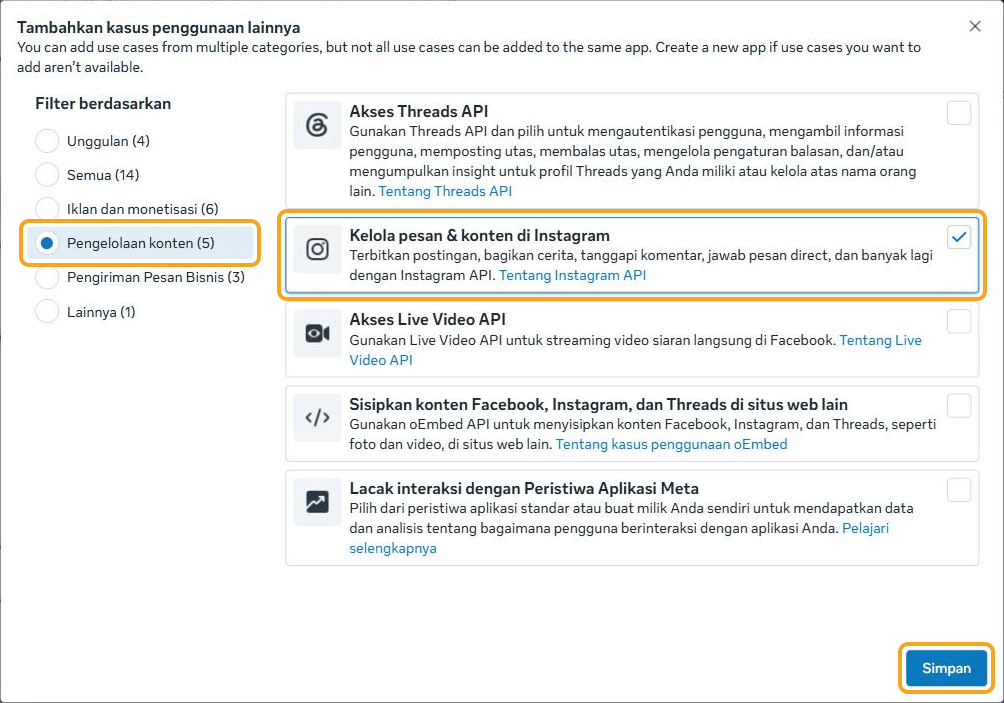 Jendela "Tambahkan kasus penggunaan lainnya": filter "Pengelolaan konten (5)" terpilih, kartu "Kelola pesan & konten di Instagram" tercentang, dan tombol Simpan — ketiganya disorot.