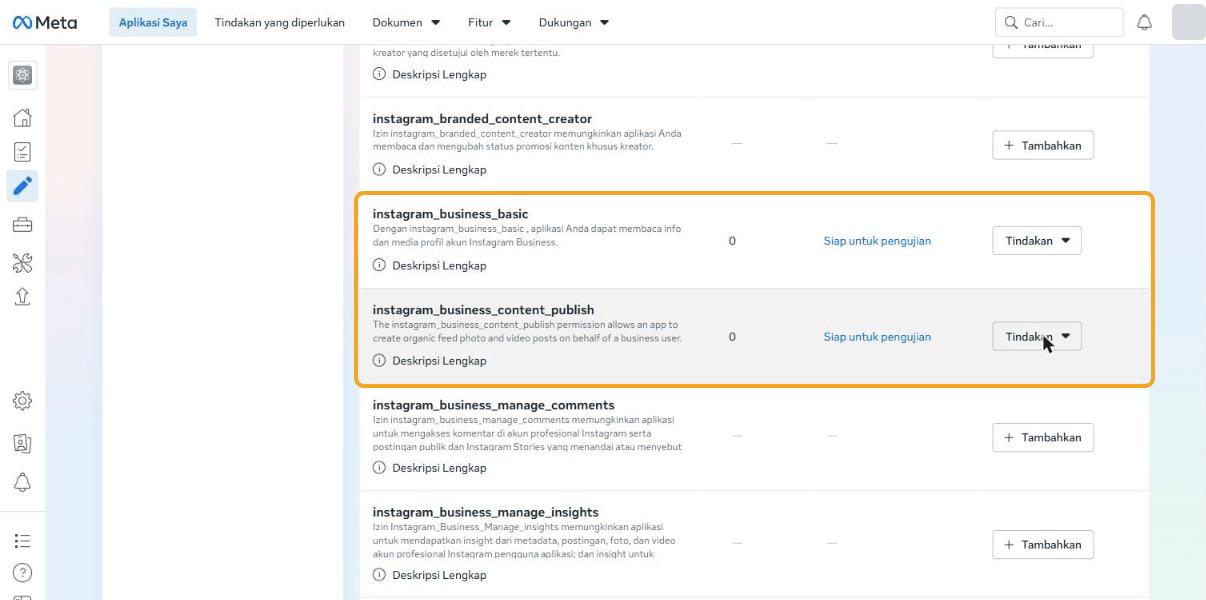 Daftar Izin dan fitur: baris instagram_business_basic dan instagram_business_content_publish (disorot bersama) bertanda "Siap untuk pengujian" dengan tombol Tindakan; izin lain seperti instagram_business_manage_comments dan instagram_business_manage_insights masih bertombol "+ Tambahkan".