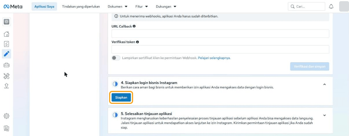 Kartu "4. Siapkan login bisnis Instagram" dengan tombol biru Siapkan (disorot). Di atasnya bagian webhook (URL Callback, Verifikasi token) yang dibiarkan kosong; di bawahnya "5. Selesaikan tinjauan aplikasi".