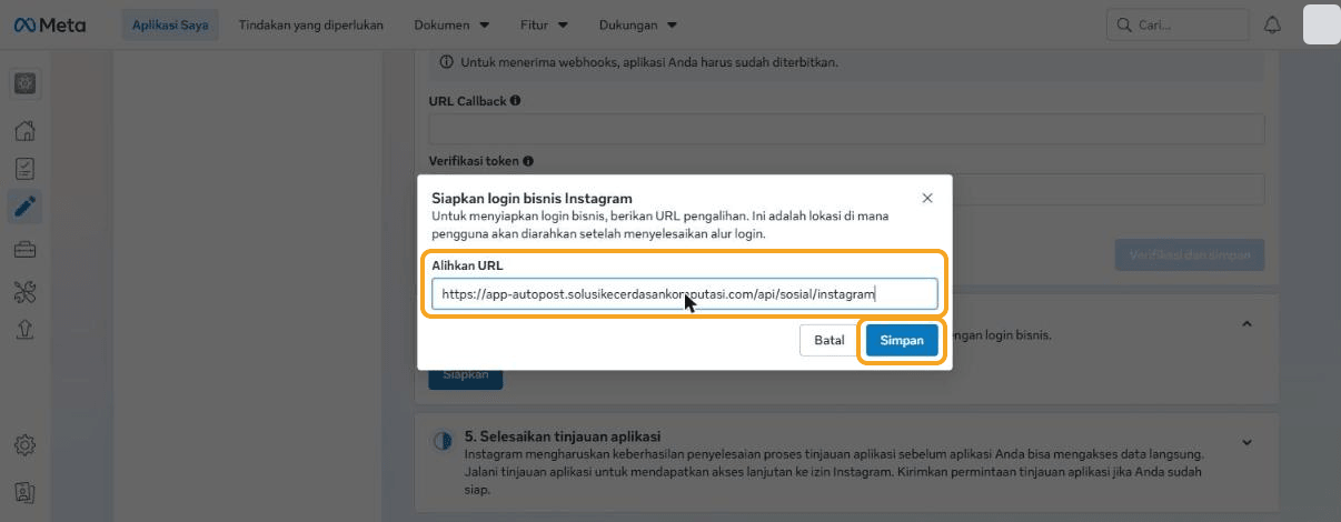 Jendela "Siapkan login bisnis Instagram": kolom "Alihkan URL" berisi https://app-autopost.solusikecerdasankomputasi.com/api/sosial/instagram dan tombol Simpan — keduanya disorot.