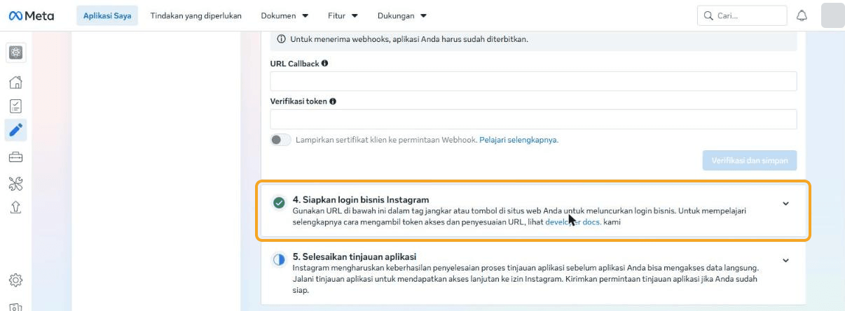 Kartu "4. Siapkan login bisnis Instagram" bercentang hijau (disorot) dengan tulisan "Gunakan URL di bawah ini dalam tag jangkar atau tombol di situs web Anda untuk meluncurkan login bisnis…".