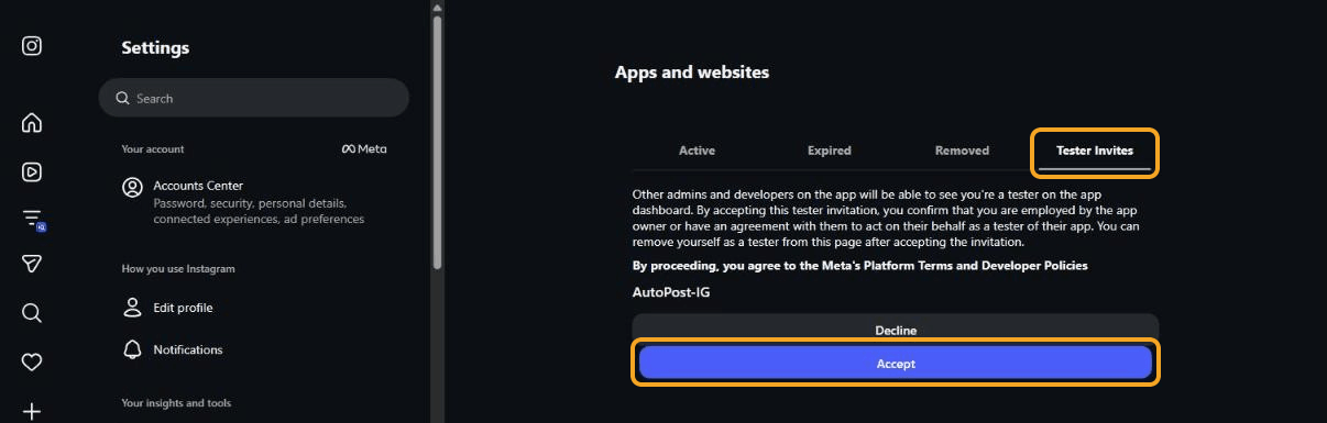 Halaman Apps and websites di instagram.com (berbahasa Inggris): tab "Tester Invites" dan tombol biru "Accept" di bawah undangan "AutoPost-IG" disorot; ada juga tombol Decline dan kalimat persetujuan "By proceeding, you agree to the Meta's Platform Terms and Developer Policies".