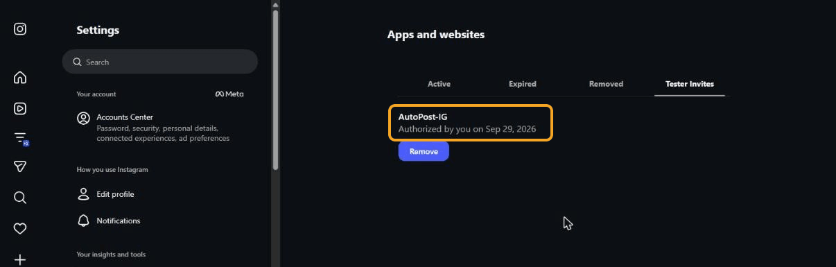 Tab Tester Invites setelah menerima: "AutoPost-IG — Authorized by you on Sep 29, 2026" disorot, dengan tombol Remove di bawahnya.