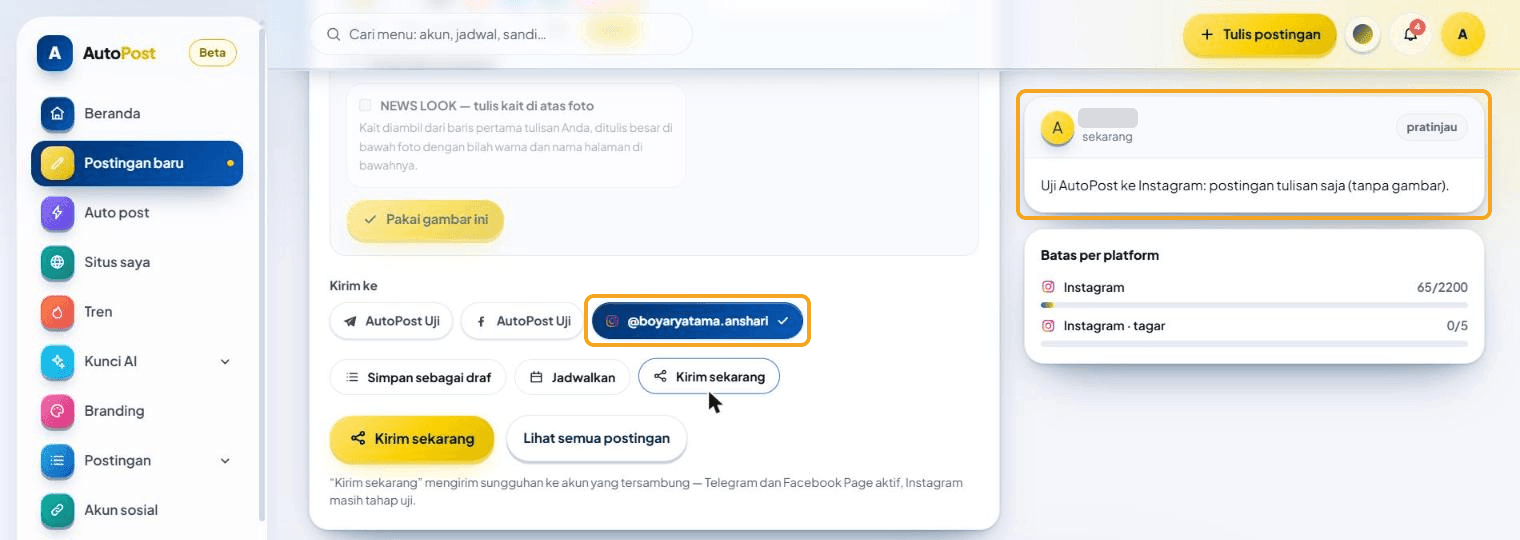 Tangkapan sebelum penyusun diperbarui: tombol akun Instagram terpilih di Kirim ke dan pratinjau yang hanya berisi tulisan (tanpa gambar), keduanya disorot. Penyusun lama belum menampilkan peringatan apa pun.