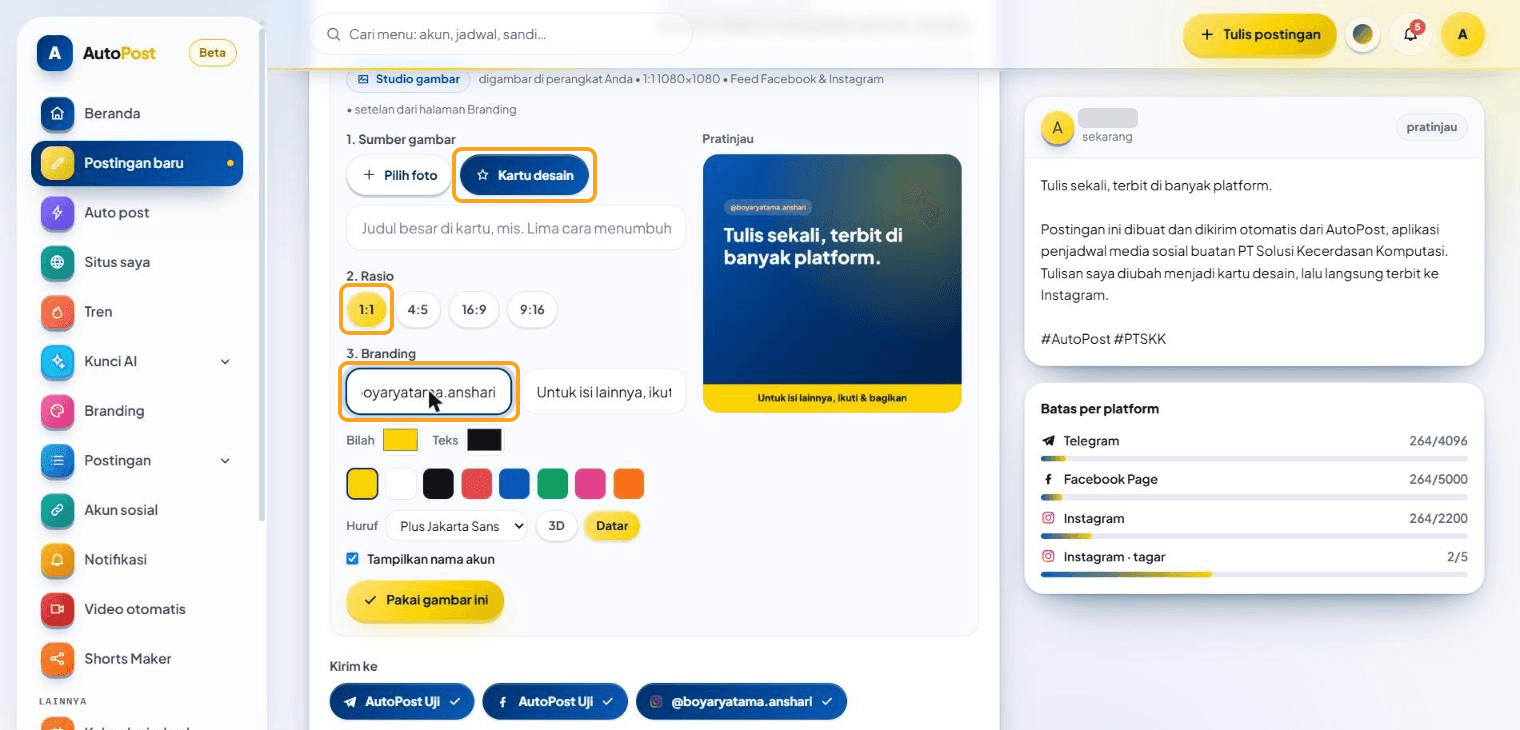 Studio gambar di Postingan baru: tombol "Kartu desain", rasio "1:1", dan kolom nama akun di bagian Branding disorot; di kanan pratinjau kartu biru bertuliskan "Tulis sekali, terbit di banyak platform." dengan bilah kuning di bawah.
