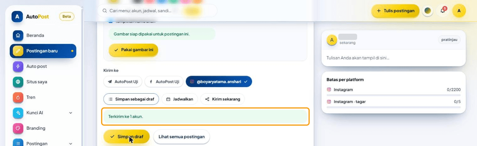 Pesan hijau "Terkirim ke 1 akun." (disorot) di atas tombol emas yang kini kembali bertuliskan Simpan draf; isian penyusun sudah dikosongkan.