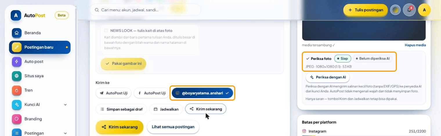 Postingan baru dengan foto dari galeri: kartu Periksa foto berlabel "Siap" dengan keterangan "JPEG · 1080×1080 (1:1) · 53 KB" dan tombol akun Instagram terpilih di Kirim ke — keduanya disorot.