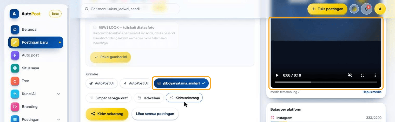 Postingan baru dengan video: pratinjau video berdurasi 0:10 di kanan dan tombol akun Instagram terpilih di Kirim ke — keduanya disorot.