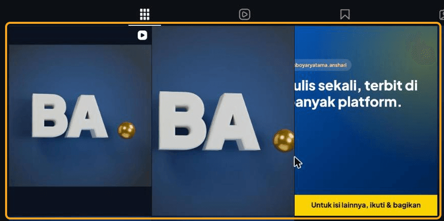 Tab grid profil Instagram dengan tiga petak hasil kiriman AutoPost yang disorot: Reels (berikon video di pojok), foto, dan kartu desain "Tulis sekali, terbit di banyak platform."