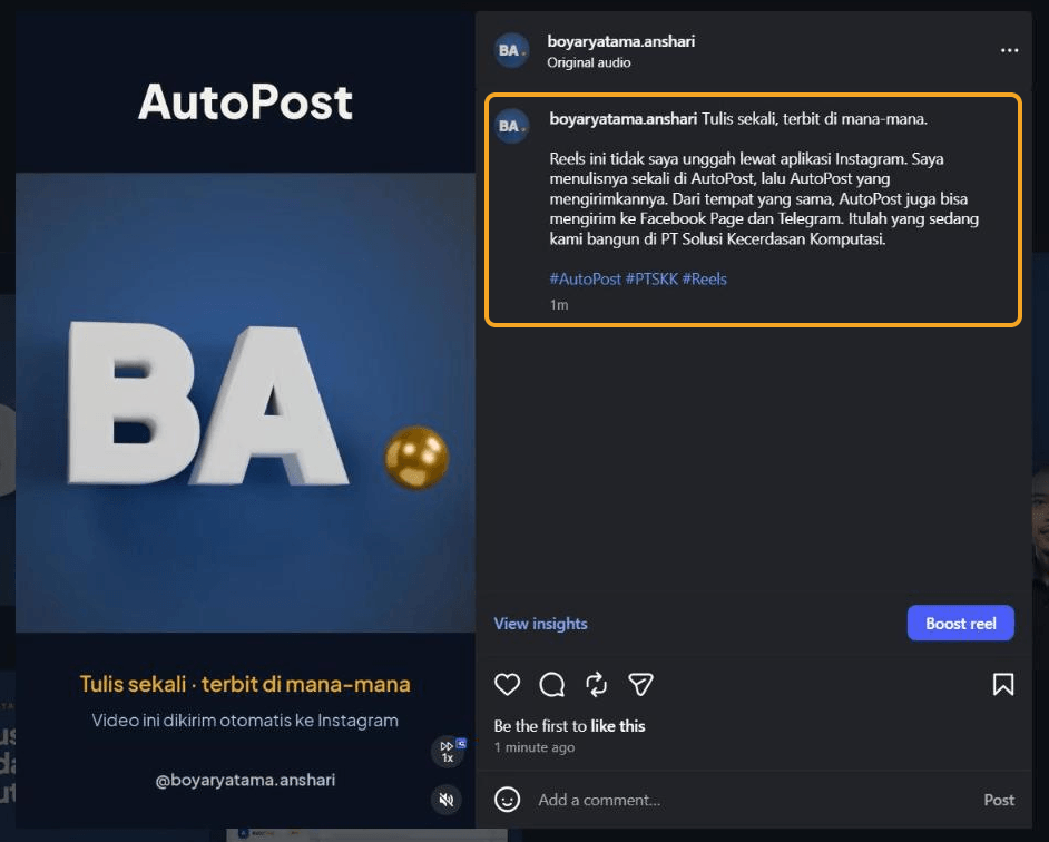 Reels terbuka di instagram.com: keterangan lengkap dari AutoPost beserta tagar #AutoPost #PTSKK #Reels disorot.