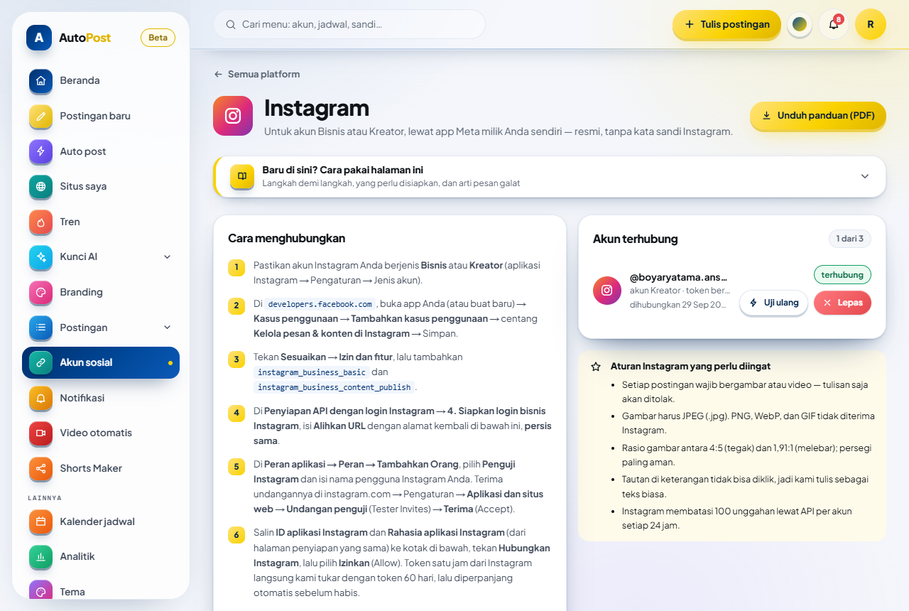 Halaman Instagram di AutoPost: kepala halaman dengan tombol emas unduh panduan di kanan, kotak "Baru di sini? Cara pakai halaman ini", kartu "Cara menghubungkan" berisi langkah bernomor, serta kartu "Akun terhubung" dan "Aturan Instagram yang perlu diingat" di kanan.