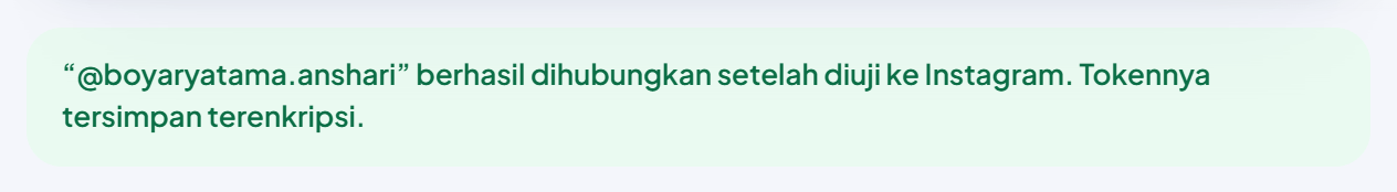Kotak hijau di atas halaman Instagram AutoPost: “@boyaryatama.anshari” berhasil dihubungkan setelah diuji ke Instagram. Tokennya tersimpan terenkripsi.