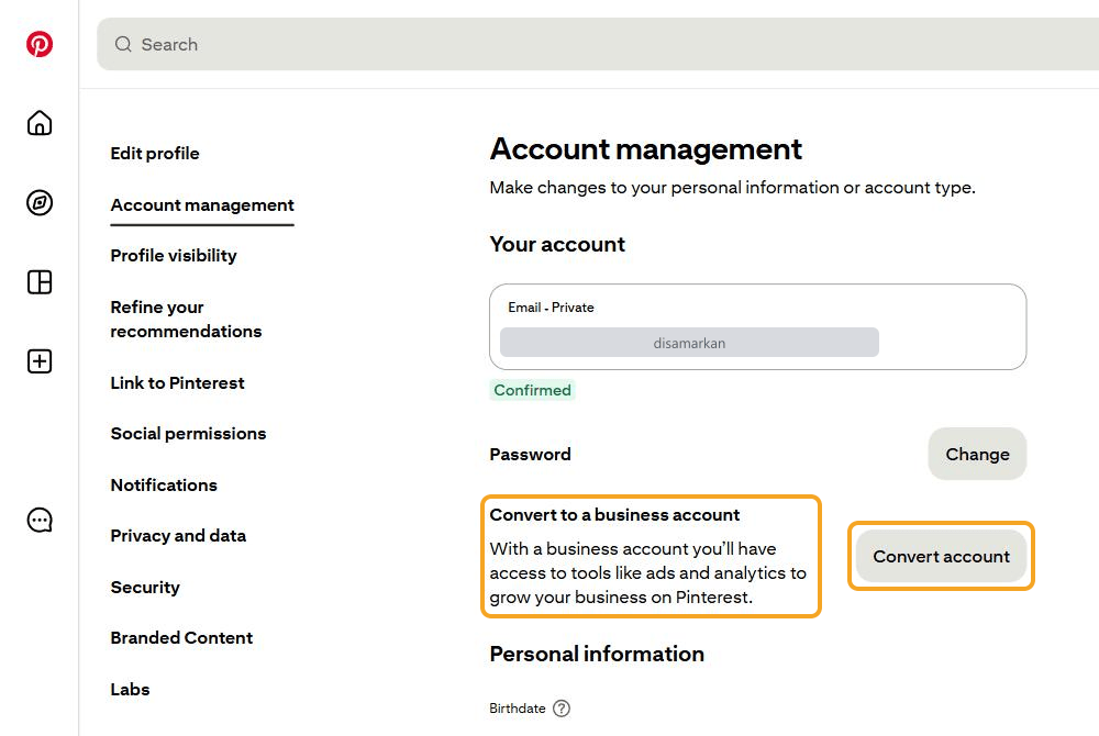 Settings pinterest.com, menu Account management: bagian "Convert to a business account" dan tombol "Convert account" disorot. Surel akun disamarkan.