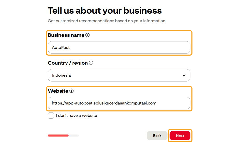 Langkah "Tell us about your business": kolom Business name berisi AutoPost dan kolom Website berisi https://app-autopost.solusikecerdasankomputasi.com disorot; Country / region Indonesia; tombol Next disorot.