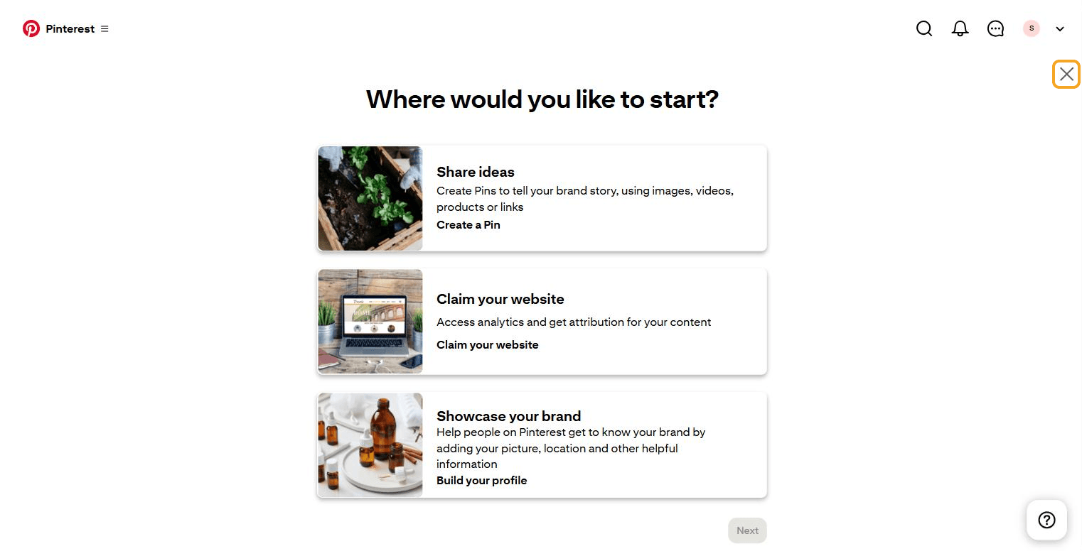 Halaman "Where would you like to start?" dengan kartu Share ideas, Claim your website, dan Showcase your brand; tombol tutup X di kanan atas disorot.