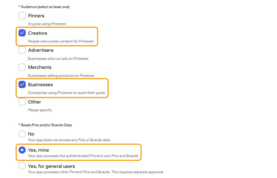 Formulir Connect App, bagian ketiga: Audience "Creators" dan "Businesses" tercentang, serta "Reads Pins and/or Boards Data: Yes, mine — Your app accesses the authenticated Pinner's own Pins and Boards" terpilih; ketiganya disorot.