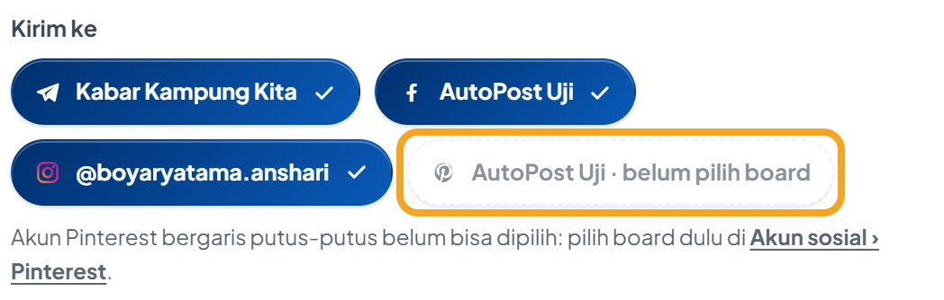 Bagian Kirim ke di Postingan baru: akun Telegram, Facebook, dan Instagram terpilih (biru bercentang), sedangkan akun Pinterest contoh "AutoPost Uji · belum pilih board" tampil pucat bergaris putus-putus dan disorot; di bawahnya kalimat "Akun Pinterest bergaris putus-putus belum bisa dipilih: pilih board dulu di Akun sosial › Pinterest." dengan tautan tebal "Akun sosial › Pinterest".