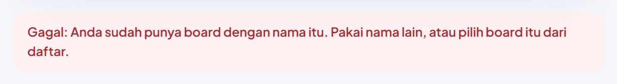 Pita merah di atas halaman Pinterest: "Gagal: Anda sudah punya board dengan nama itu. Pakai nama lain, atau pilih board itu dari daftar."