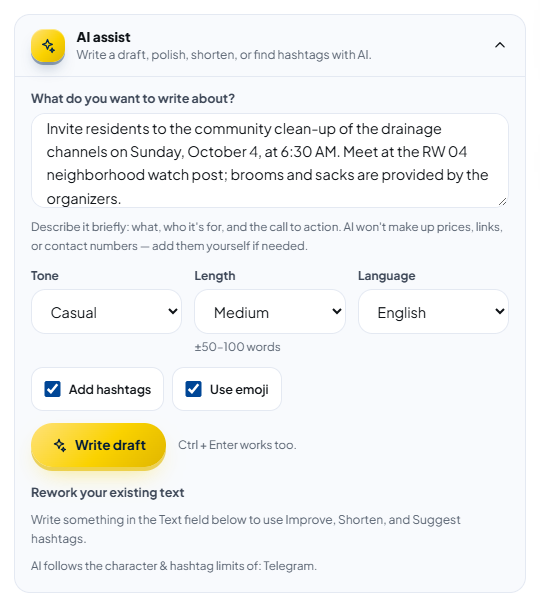 The AI assist panel open: the RW 04 clean-up topic is typed in; the Tone, Length, and Language options; Add hashtags and Use emoji checked; the Write draft button; below it “AI follows the character & hashtag limits of: Telegram.”