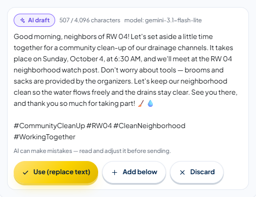 The “AI draft” box: the character count against the limit (for example 507 / 4,096 characters), the model name, the suggested text that mentions Sunday, October 4, at 6:30 AM, and the RW 04 neighborhood watch post, complete with hashtags; the reminder “AI can make mistakes …”; and the Use (replace text), Add below, and Discard buttons.