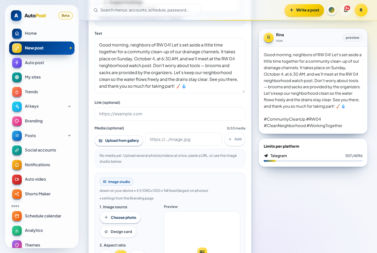 After Use (replace text): the AI text is in the Text field, the preview on the right is filled in, and the Limits per platform card counts its characters (for example Telegram 507/4096). The Media (optional) section and the Image studio are visible below.